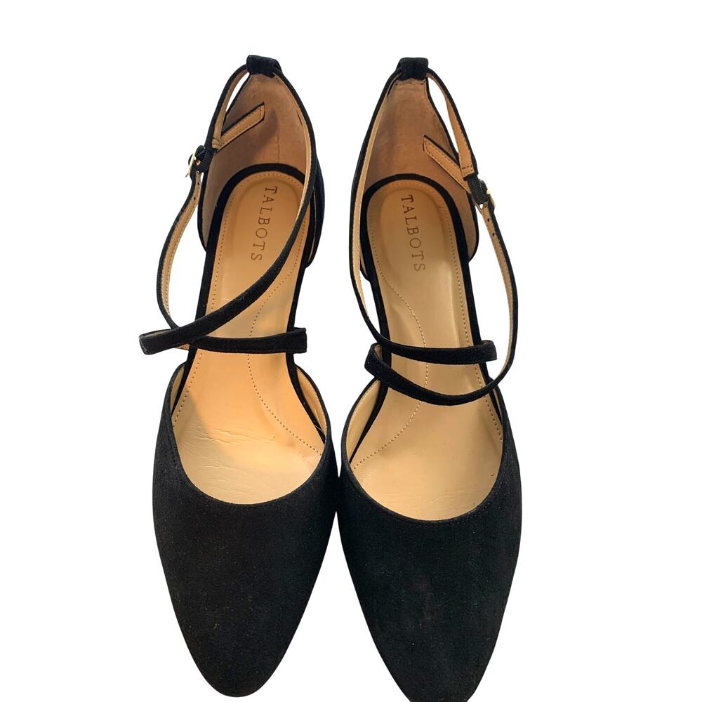 TALBOTS NWOB LANEY BLACK SUEDE WEDGE CRISS CROSS 2" HEEL SIZE 9M